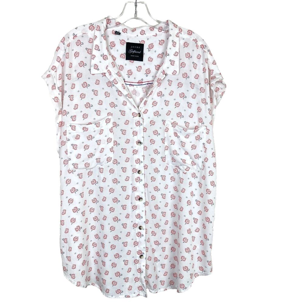 Jachs Girlfriend Button Up Blouse Size XXL White Pink Floral Retro Cuff Sleeve